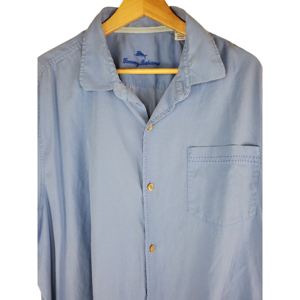 Tommy Bahama Silk Shirt Mens 2XL Blue Button Up Hawaiian Pocket Vacation